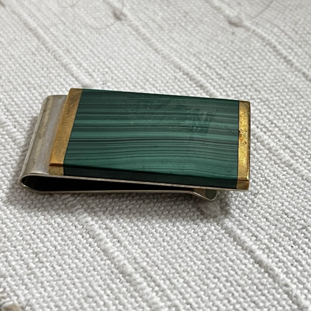 VTG Malachite Stone Money Clip Unmarked Mixed Metal Mens Accessory Un Polished